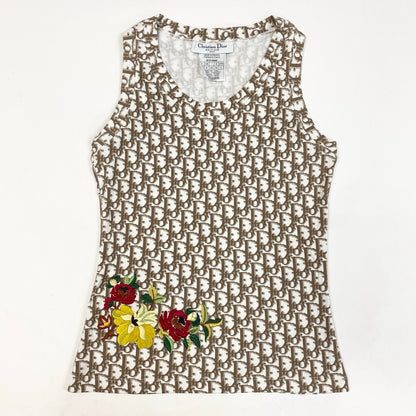 Dior Sleeveless Top Tank Top Trotter Flower Embroidery White Brown Cotton 40