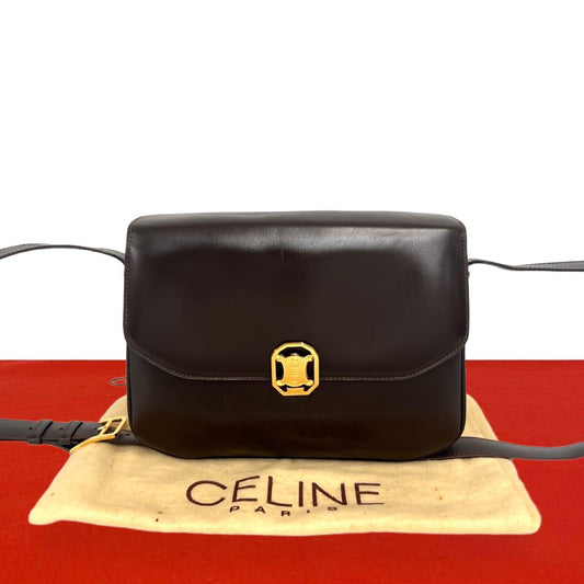 Celine Vintage Blason Leather Shoulder Bag Pochette Brown