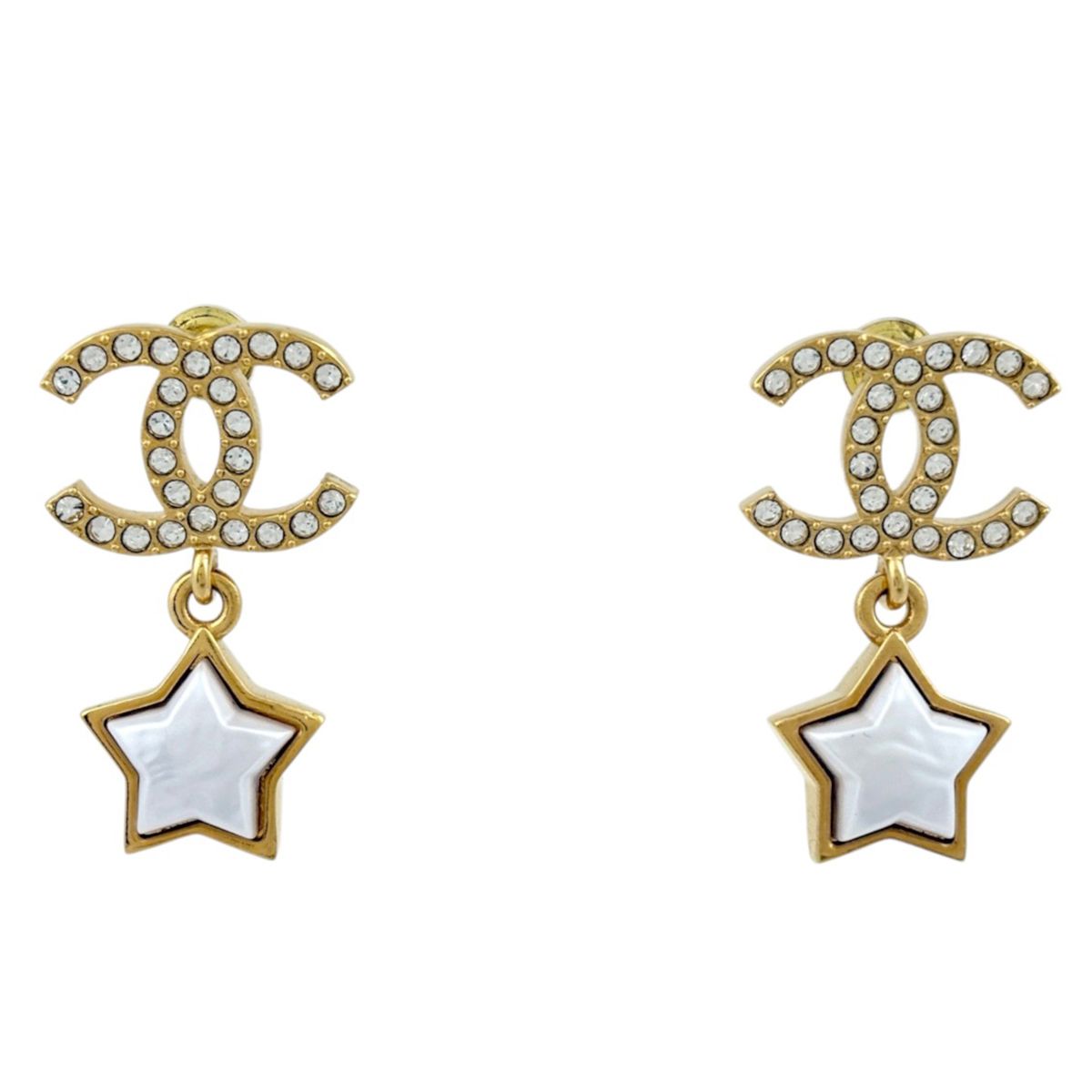 Chanel Earrings CC Logo Star Swing Rhinestone Gold