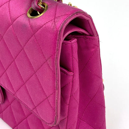 Chanel Shoulder Bag Quilted Double Flap CC Logo Satin Pink — view 5