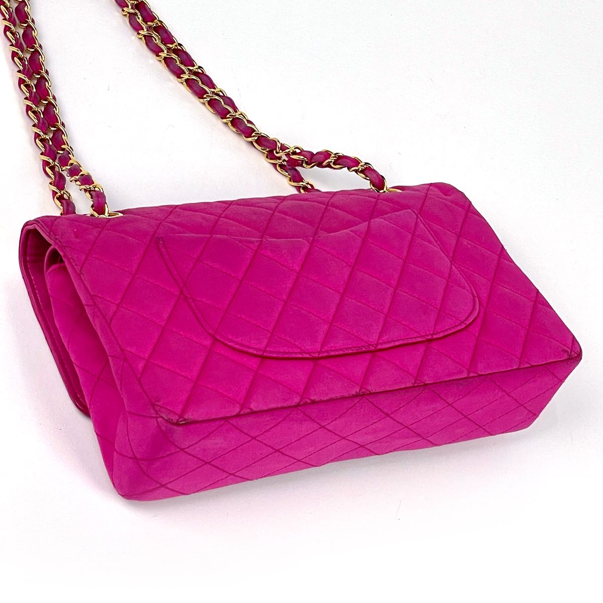 Chanel Shoulder Bag Quilted Double Flap CC Logo Satin Pink — view 2