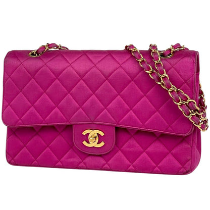 Chanel Shoulder Bag Quilted Double Flap CC Logo Satin Pink