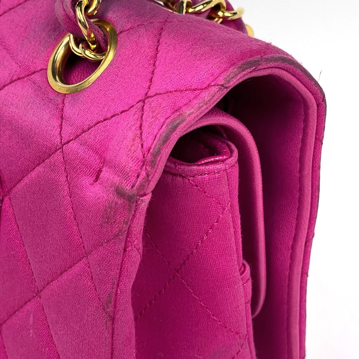 Chanel Shoulder Bag Quilted Double Flap CC Logo Satin Pink — view 6