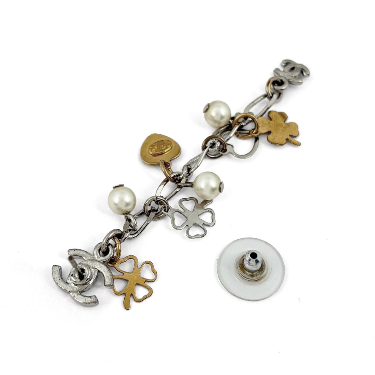 Chanel Earrings CC Logo Clover Heart Swing Silver Plated Faux Pearl Gold — view 3