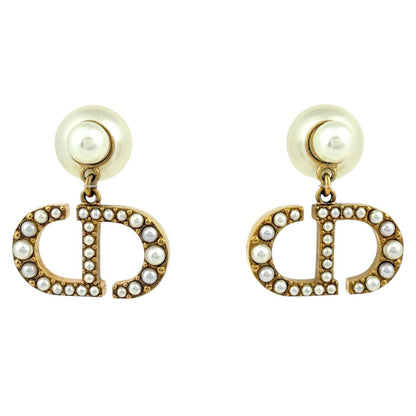 Dior Earrings Tribal Swing Faux Pearl Gold White