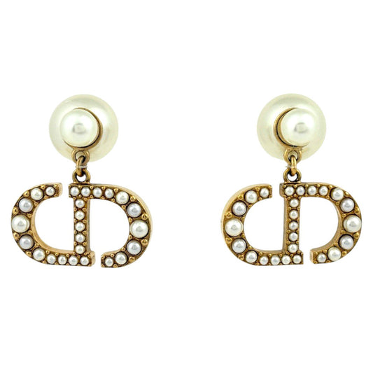 Dior Earrings Tribal Swing Faux Pearl Gold White