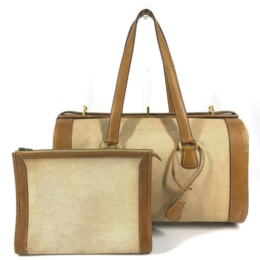 Hermes Boston Bag Vanity Leather Canvas Beige