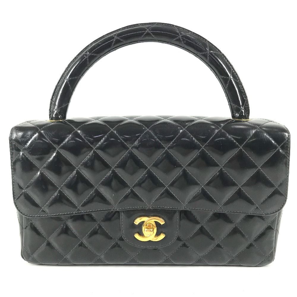 Chanel Handbag Top Handle Quilted CC Logo Vintage Patent Black