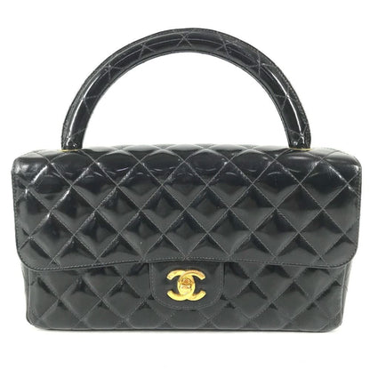 Chanel Handbag Top Handle Quilted CC Logo Vintage Patent Black