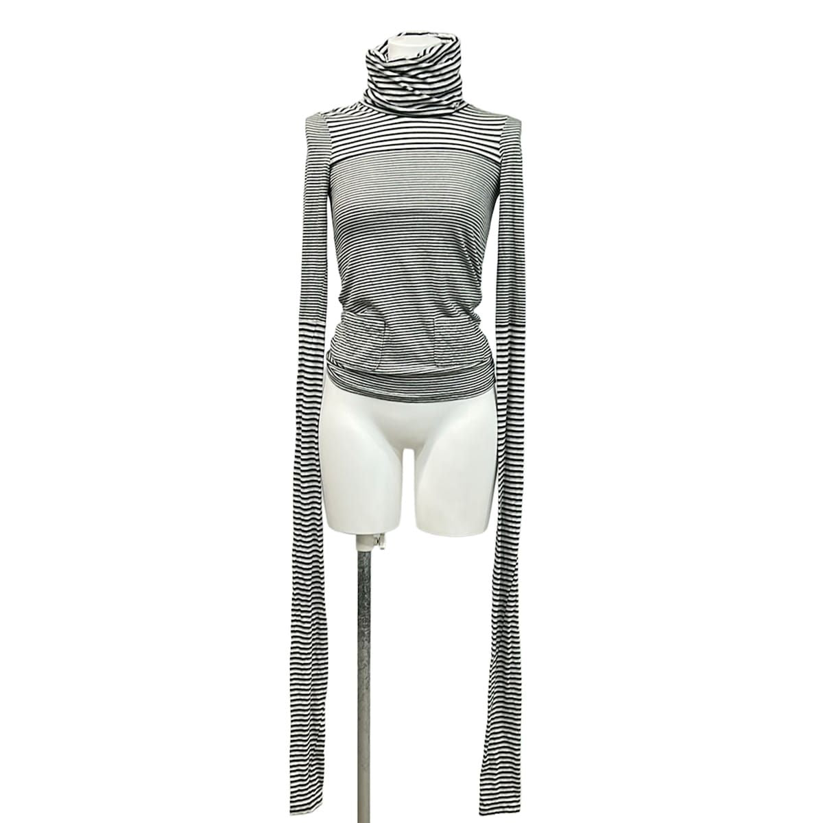Chanel Long Sleeve Top S Black Light Gray White Turtleneck Border Asymmetric