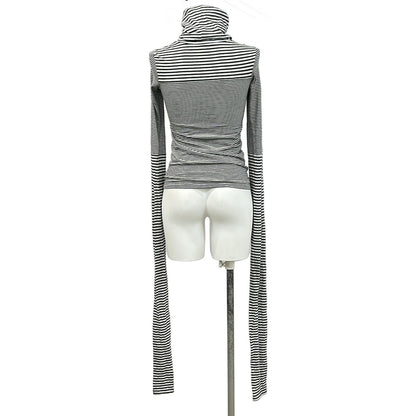 Chanel Long Sleeve Top S Black Light Gray White Turtleneck Border Asymmetric — view 2