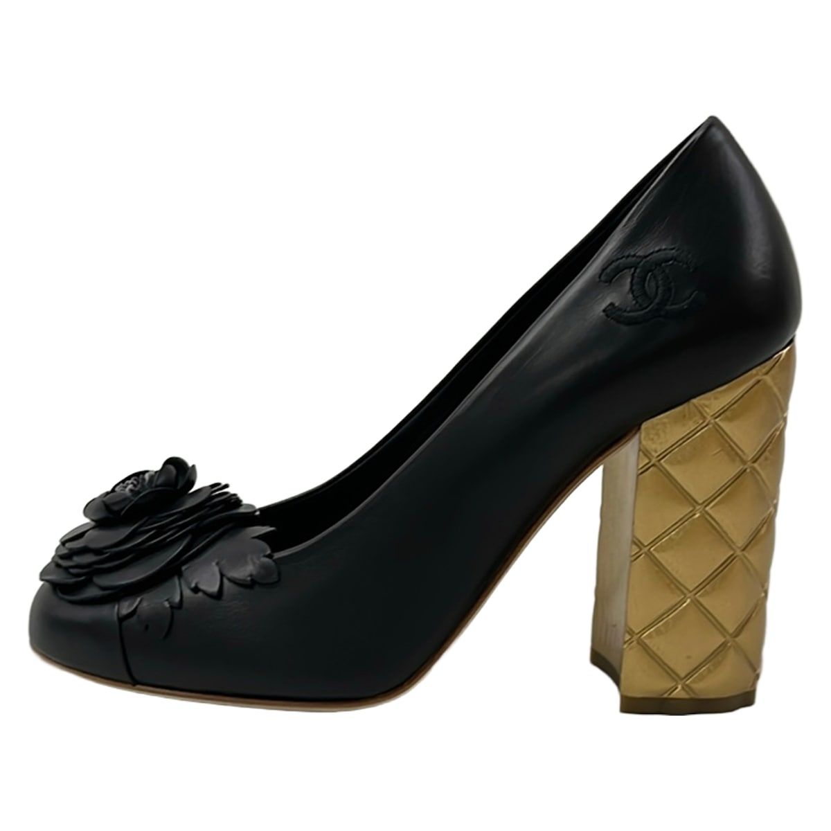 Chanel Pumps Black Gold Camellia Quilted Leather Heels
