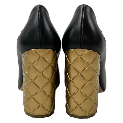 Chanel Pumps Black Gold Camellia Quilted Leather Heels — view 3