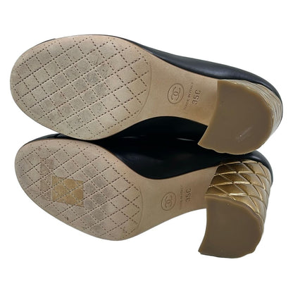 Chanel Pumps Black Gold Camellia Quilted Leather Heels — view 4