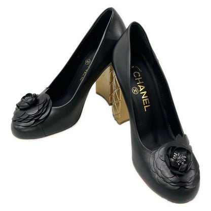 Chanel Pumps Black Gold Camellia Quilted Leather Heels — view 2
