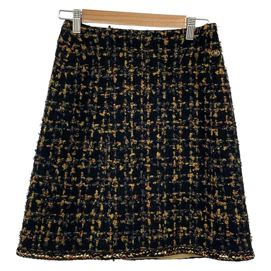 Chanel Skirt S Black Light Brown Bordeaux Knee-Length Tweed Glitter