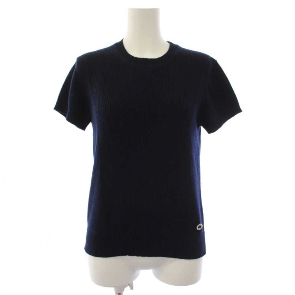 Hermes Knit Top Cashmere Cotton Seria Charm Short Sleeve Navy Sweater 38