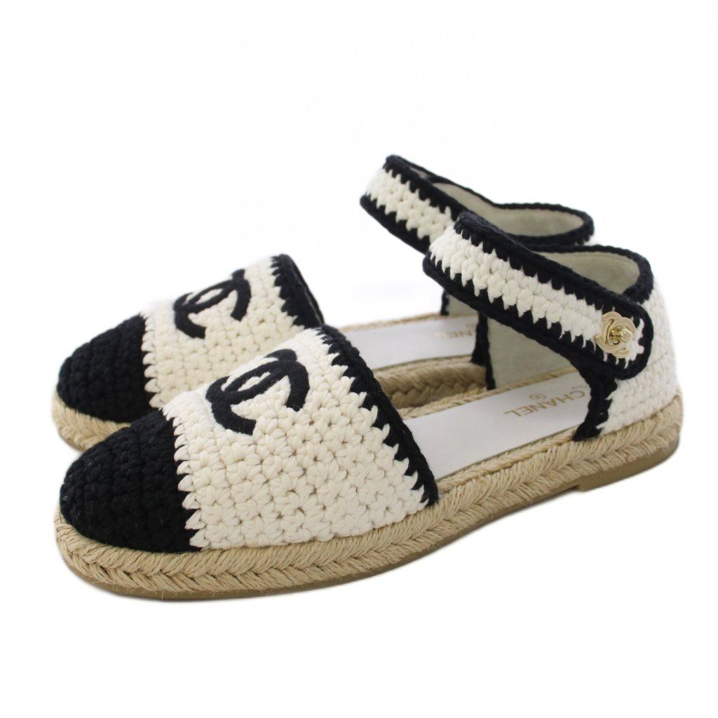 Chanel Espadrilles Sandals CC Logo Knit 39C White Black