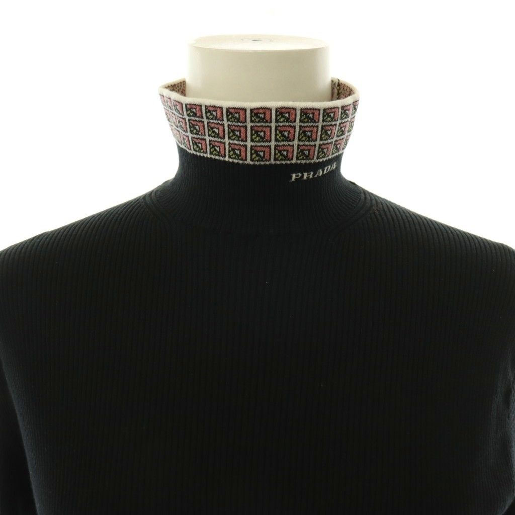 Prada Jacquard Logo High Neck Rib Knit Top Long Sleeve Black Sweater 44 — view 4