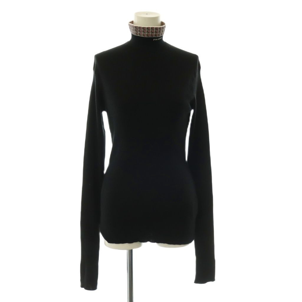 Prada Jacquard Logo High Neck Rib Knit Top Long Sleeve Black Sweater 44
