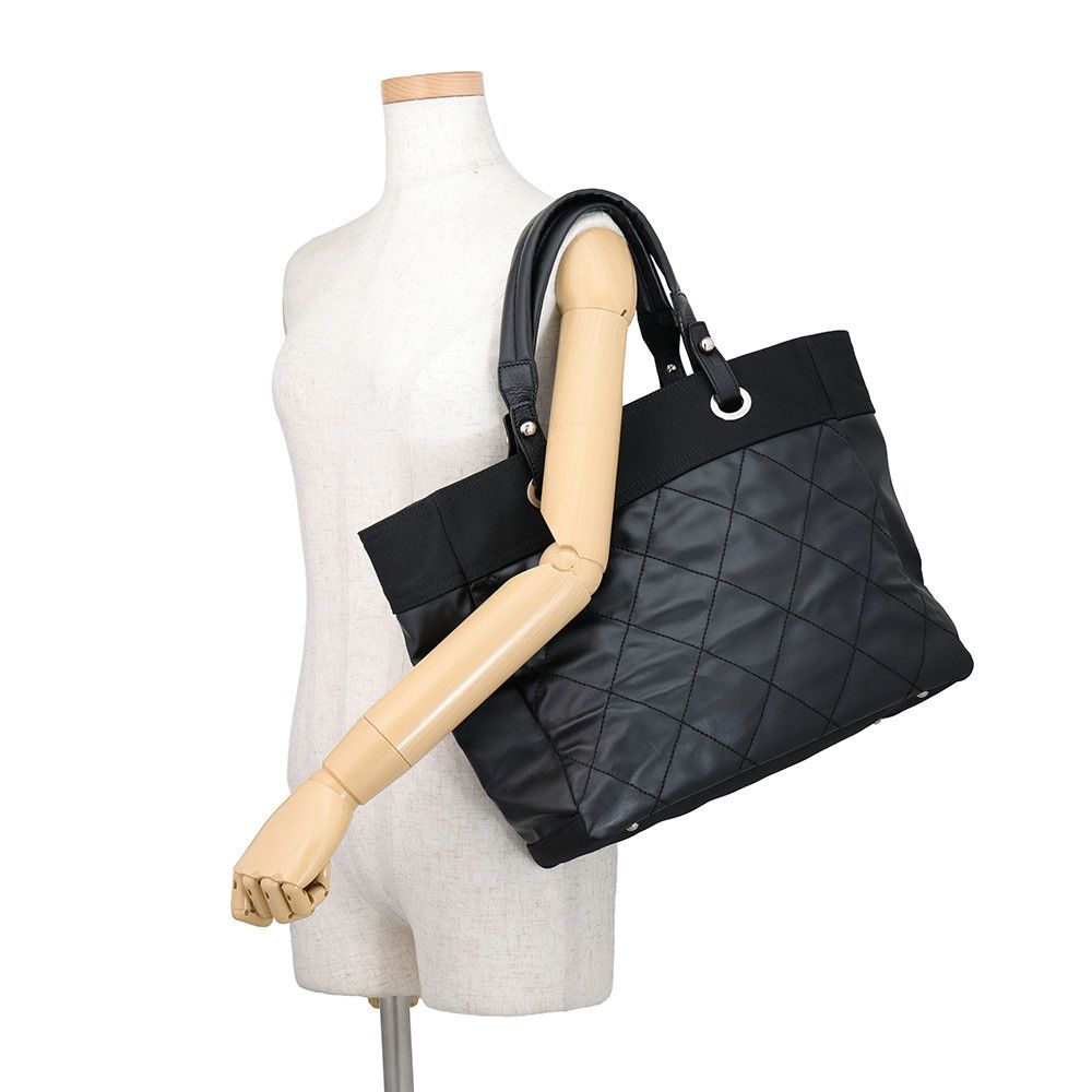 Chanel Tote Bag Quilted Paris Biarritz MM Medium Leather Canvas Black — view 4