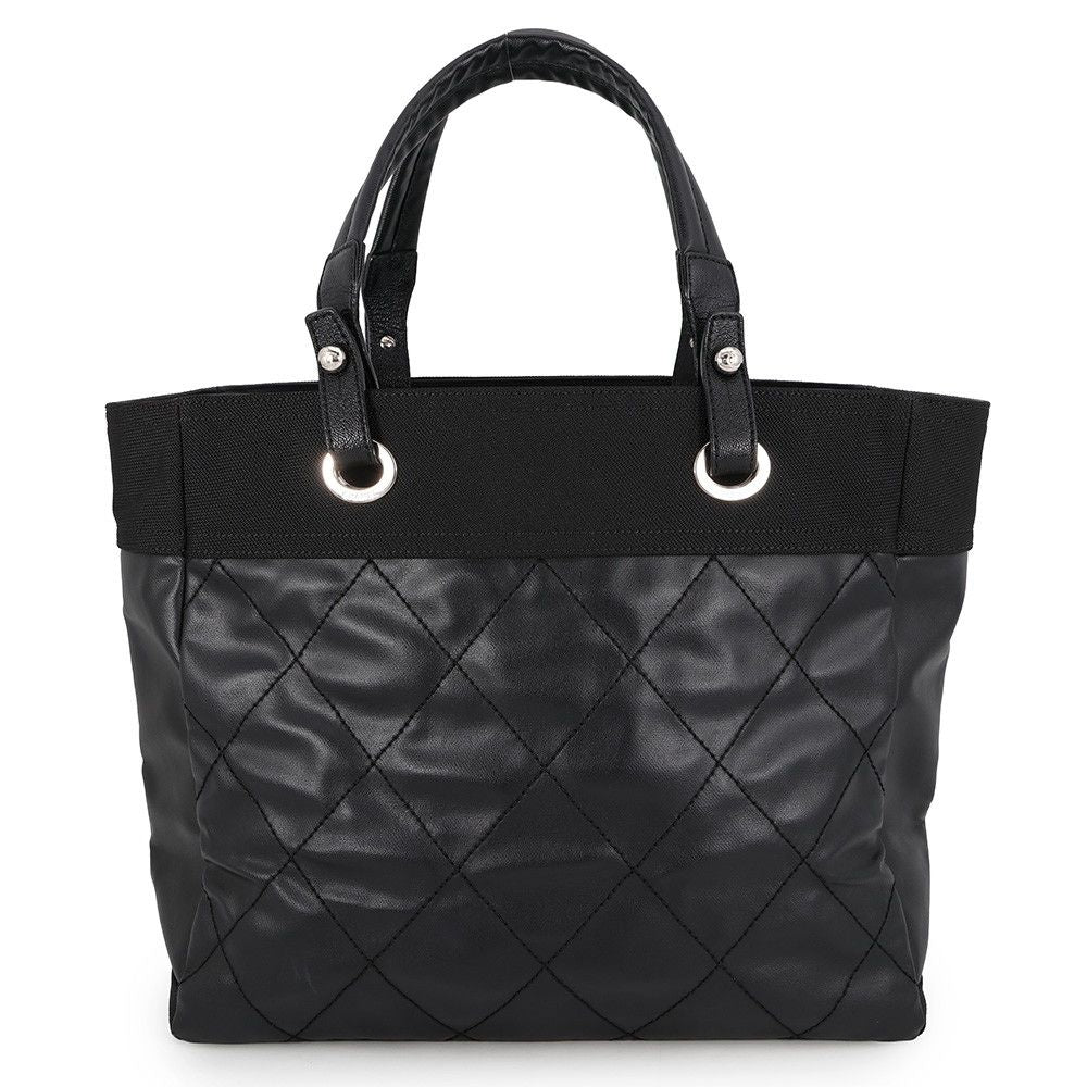 Chanel Tote Bag Quilted Paris Biarritz MM Medium Leather Canvas Black