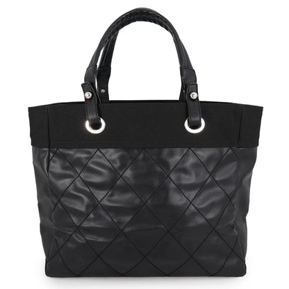 Chanel Tote Bag Quilted Paris Biarritz MM Medium Leather Canvas Black