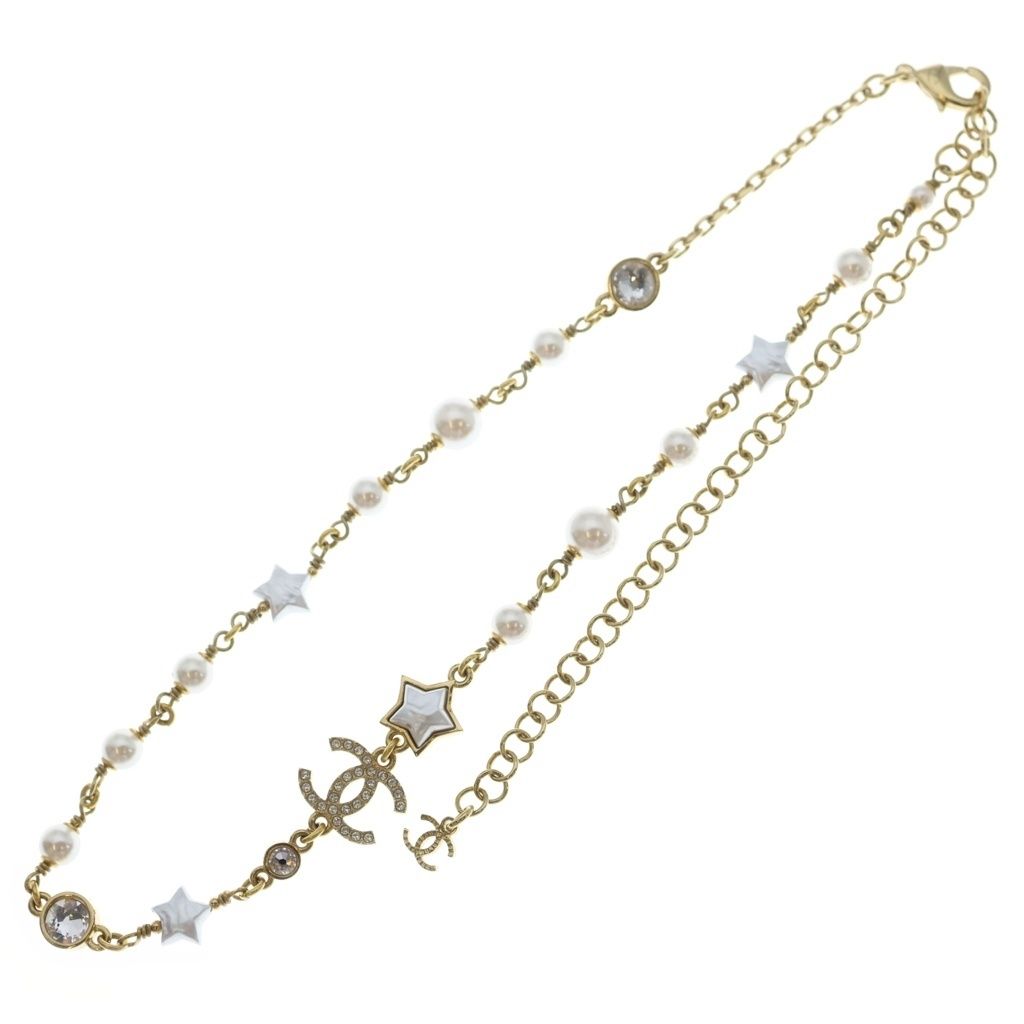 Chanel CC Logo Star Faux Pearl Chain Choker Necklace Gold — view 2