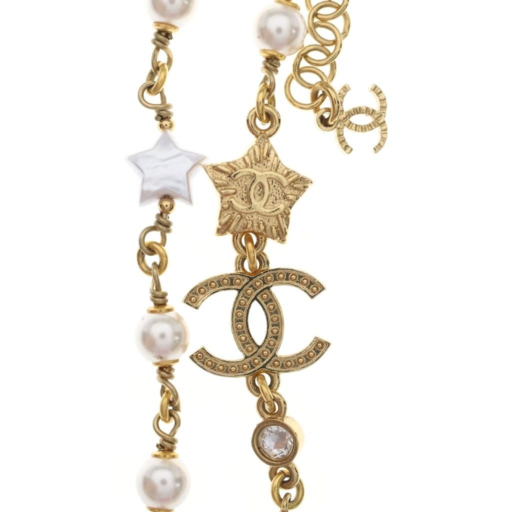 Chanel CC Logo Star Faux Pearl Chain Choker Necklace Gold — view 3