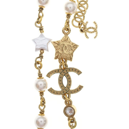 Chanel CC Logo Star Faux Pearl Chain Choker Necklace Gold — view 3
