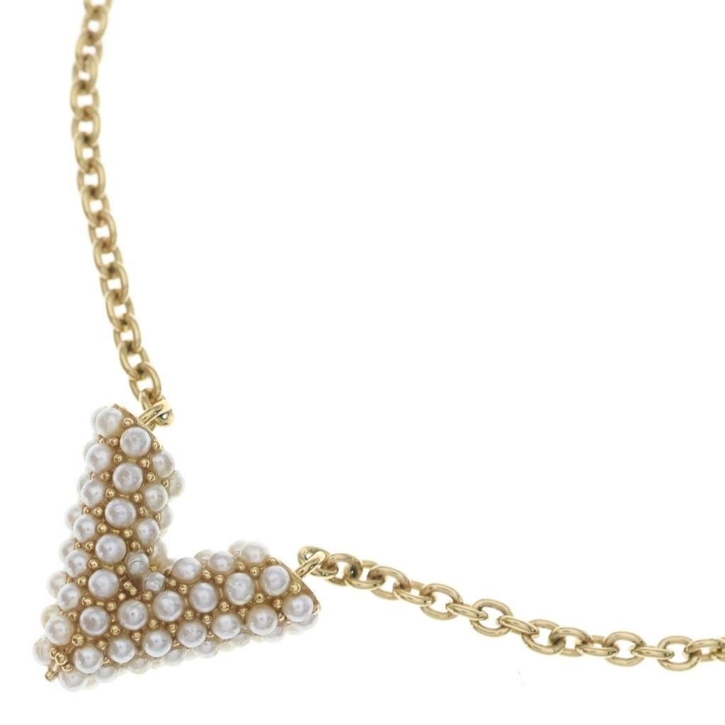 Louis Vuitton Collier Essential V Perlee Logo Pearl Chain Necklace Gold