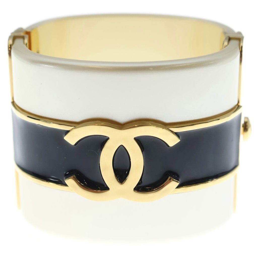Chanel CC Logo Enamel Wide Cuff Bangle Bracelet White Black