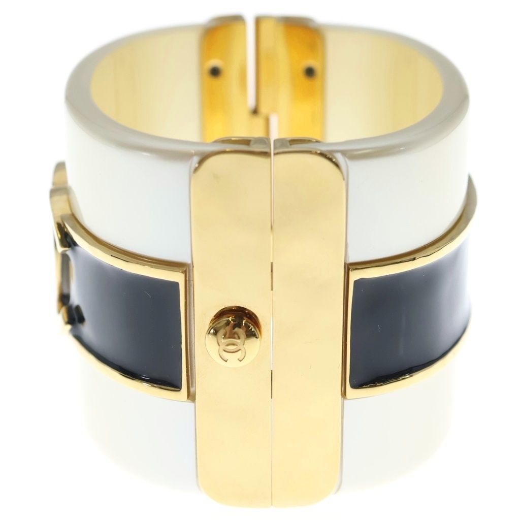 Chanel CC Logo Enamel Wide Cuff Bangle Bracelet White Black — view 4
