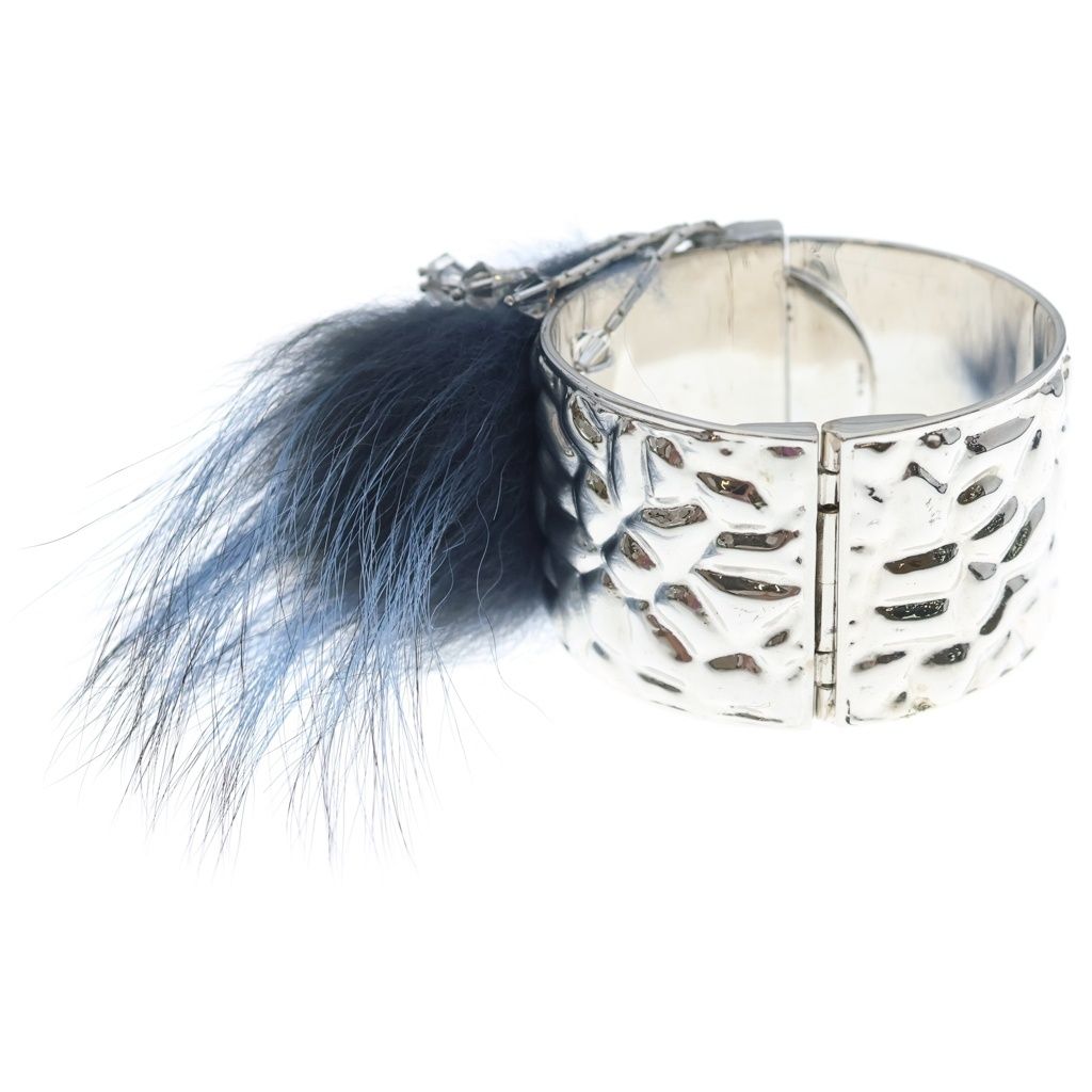 Fendi Peacock Eye Bijou Decorative Fur Pearl Bangle Bracelet Silver — view 2
