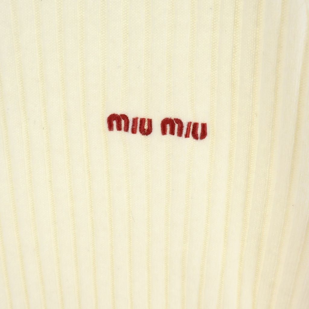 Miu Miu Logo Embroidery Rib Cashmere Polo Shirt White — view 4
