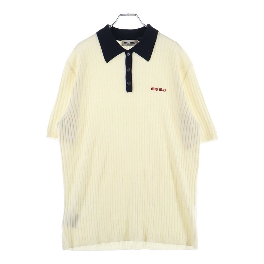 Miu Miu Logo Embroidery Rib Cashmere Polo Shirt White