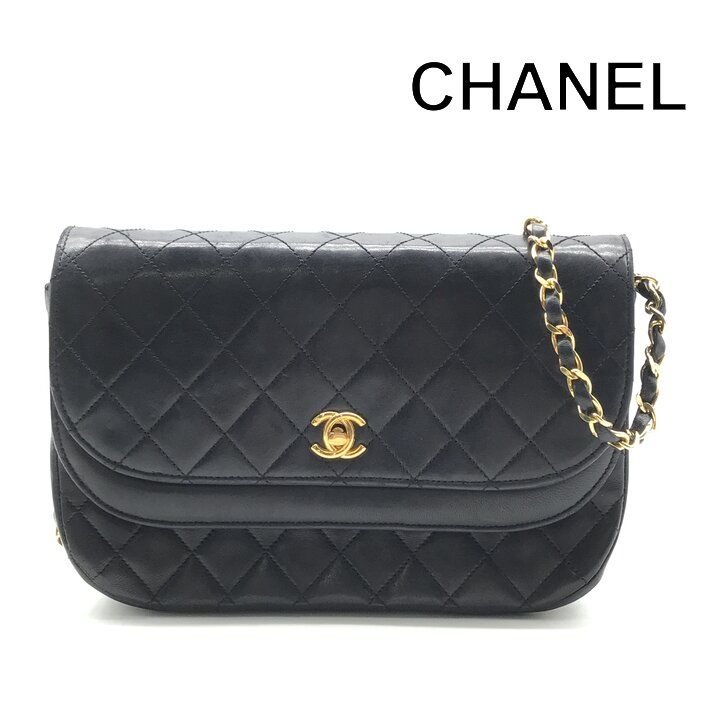 Chanel CC Logo Turnlock Lambskin Chain Shoulder Bag Black