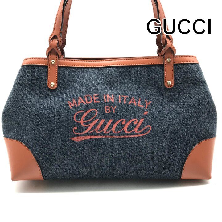 Gucci Denim Logo Craft Hand Tote Bag Orange