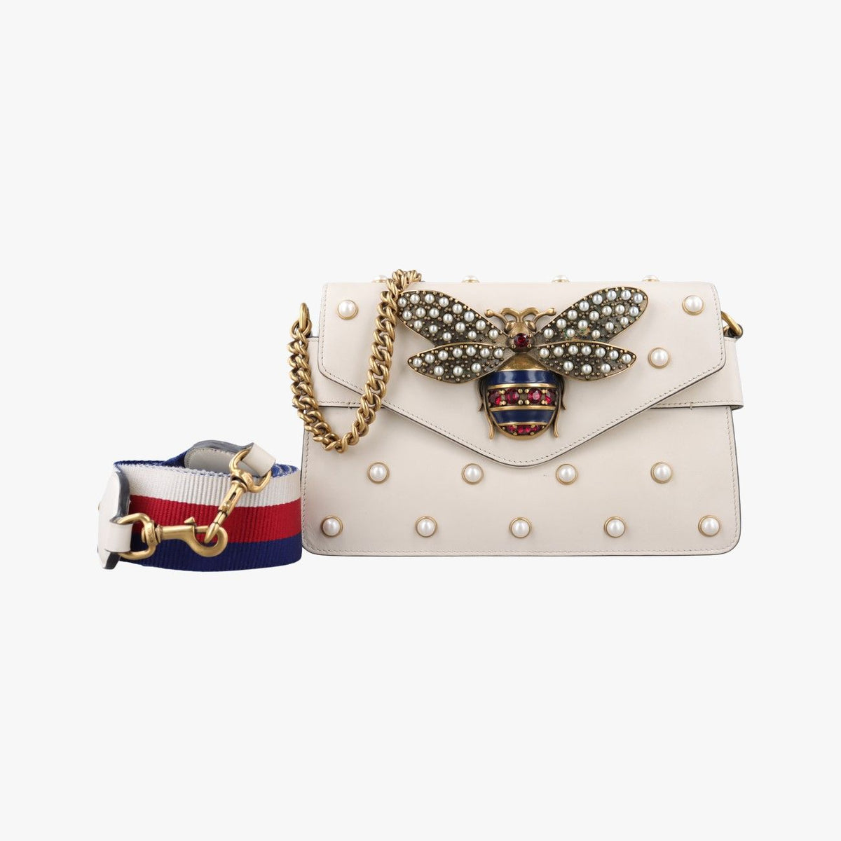 Gucci Broadway Pearl Bee White Leather