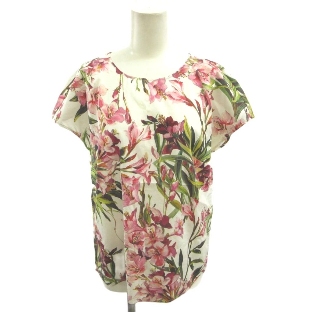 Dolce & Gabbana Floral Blouse Top Short Sleeve White Pink Green Top Back 40