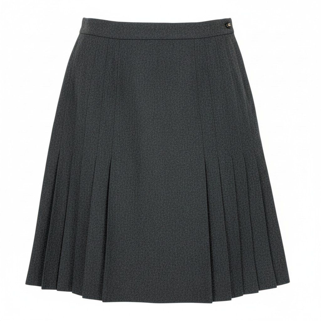 Chanel 90S CC Logo Button Pleated Skirt Gray Wool 40