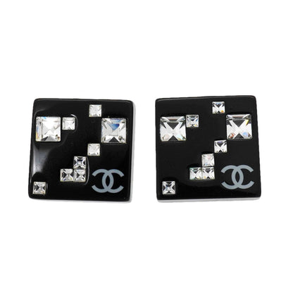 Chanel Earrings CC Logo Square Metal Rhinestone Silver Black