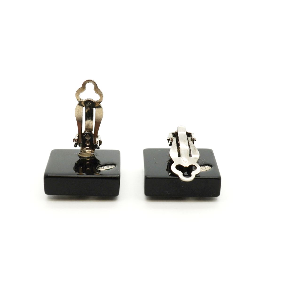 Chanel Earrings CC Logo Square Metal Rhinestone Silver Black — view 3