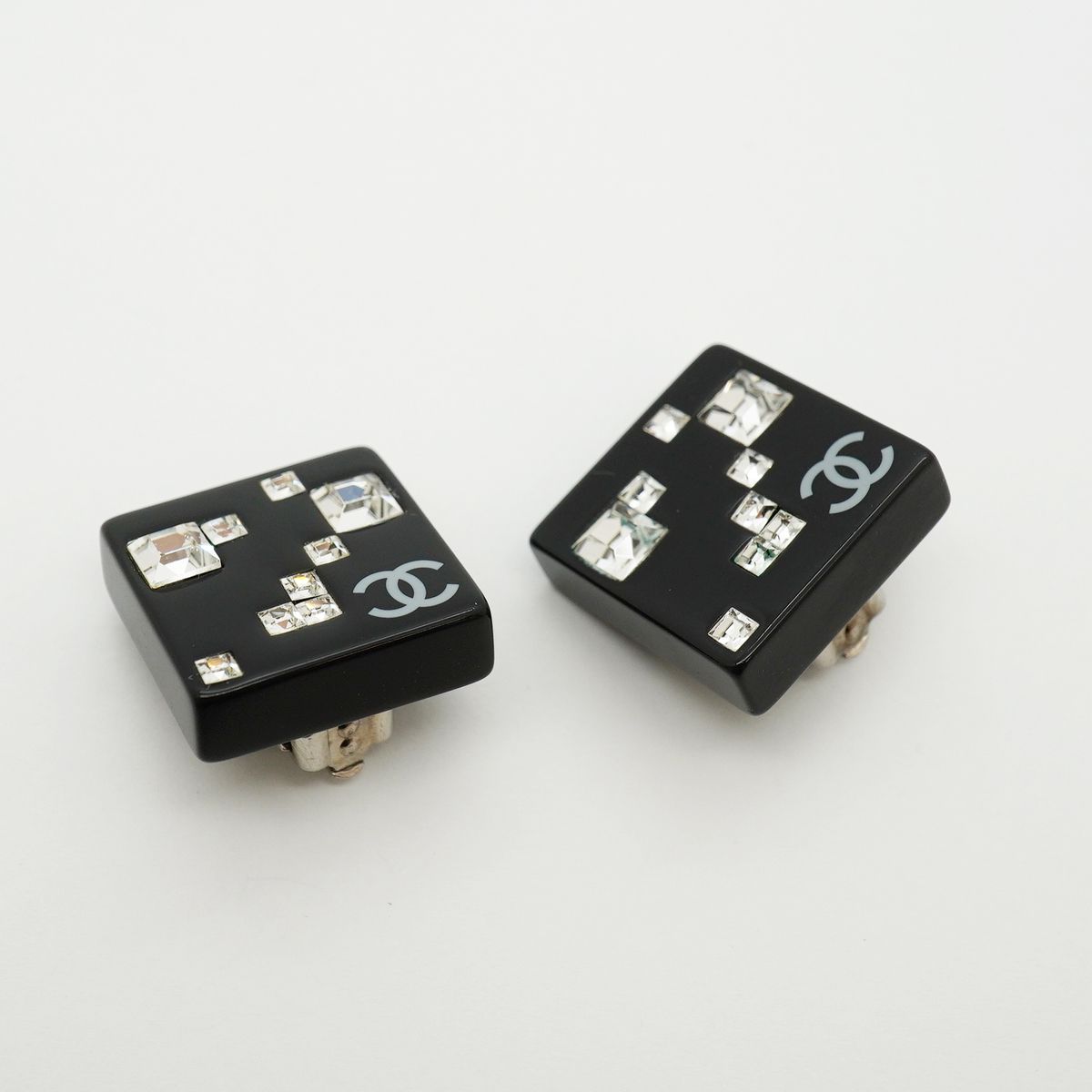 Chanel Earrings CC Logo Square Metal Rhinestone Silver Black — view 2