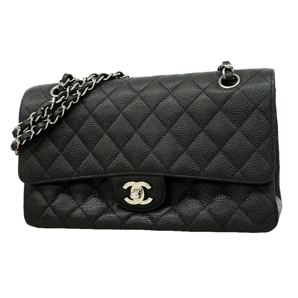 Chanel Shoulder Bag Quilted Caviar Leather Black Silver