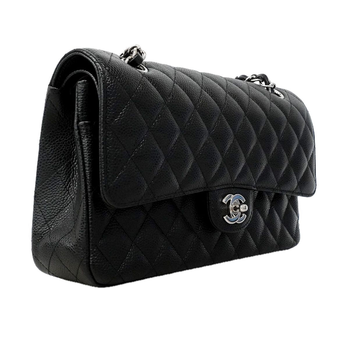 Chanel Shoulder Bag Quilted Caviar Leather Black Silver — view 2