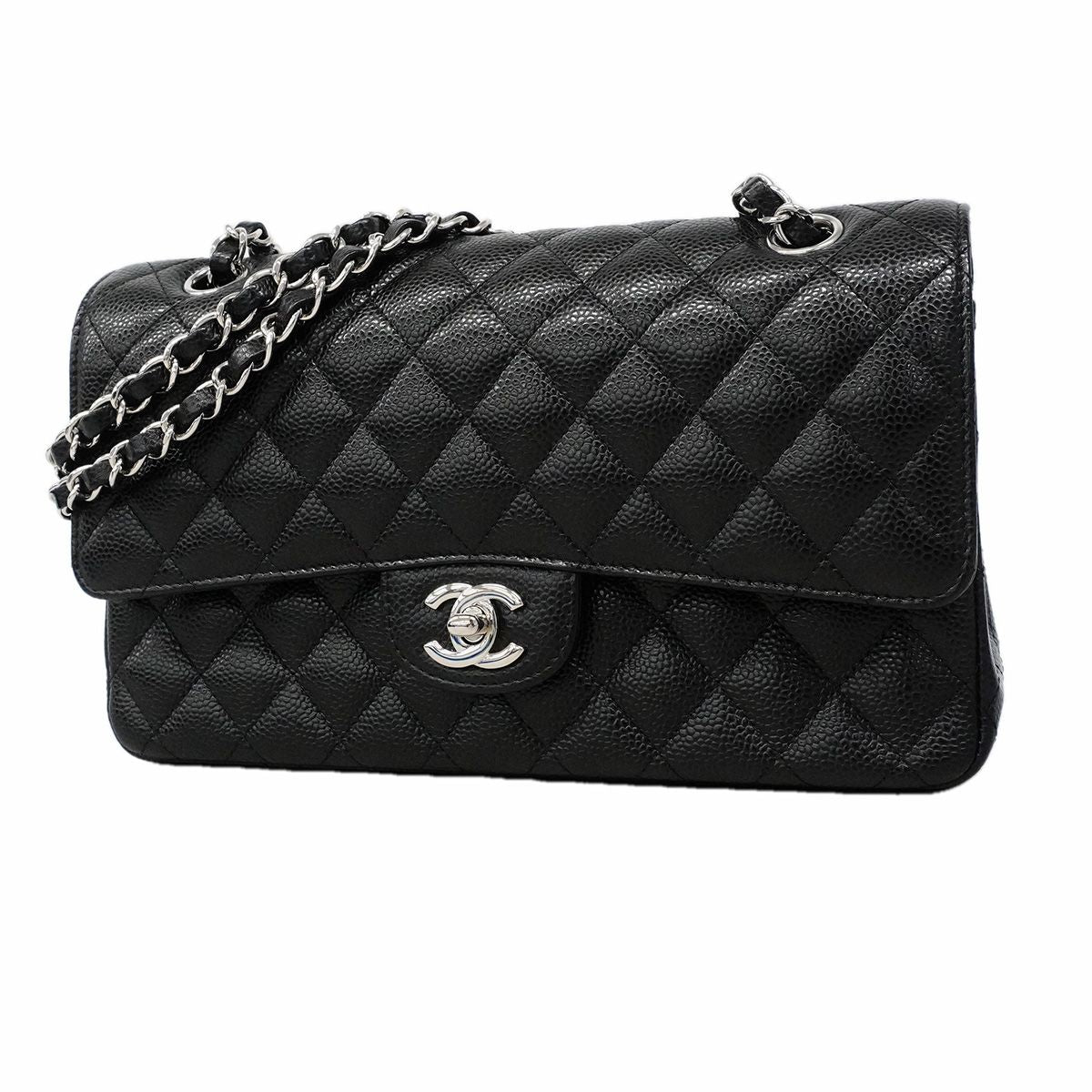 Chanel Shoulder Bag Quilted Caviar Leather Black Silver