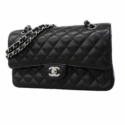 Chanel Shoulder Bag Quilted Caviar Leather Black Silver