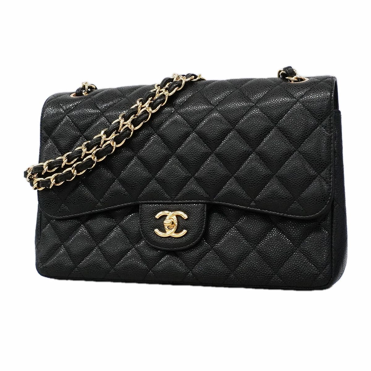 Chanel Shoulder Bag Maxi Quilted Caviar Leather Black Gold