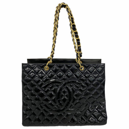 Chanel Chain Tote Bag Quilted Patent Leather Black Gold